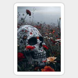 Realistic Calavera Skull in a Field of Flowers Sticker